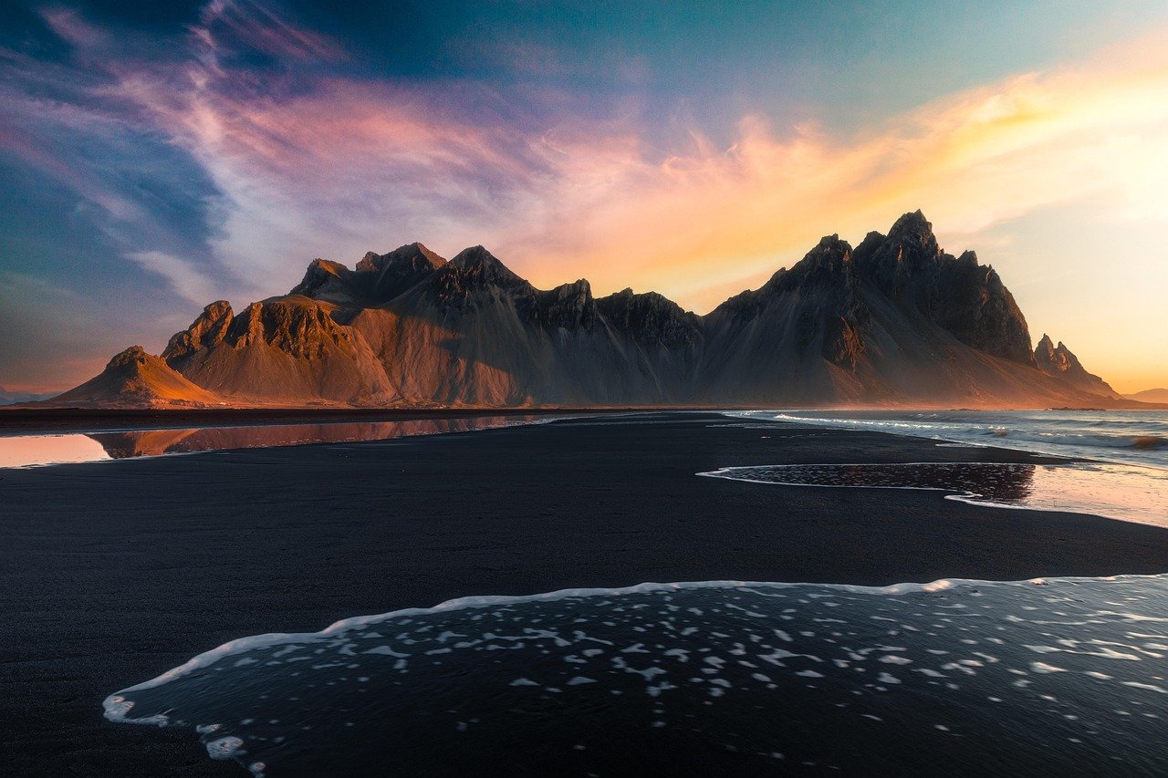beach, volcano, ocean, sunset, sunrise, iceland, vestrahorn, stoksness, black sand, waves, nature, sky, clouds, landscape, beach, sunset, iceland, iceland, iceland, vestrahorn, vestrahorn, vestrahorn, vestrahorn, vestrahorn, black sand, black sand, black sand